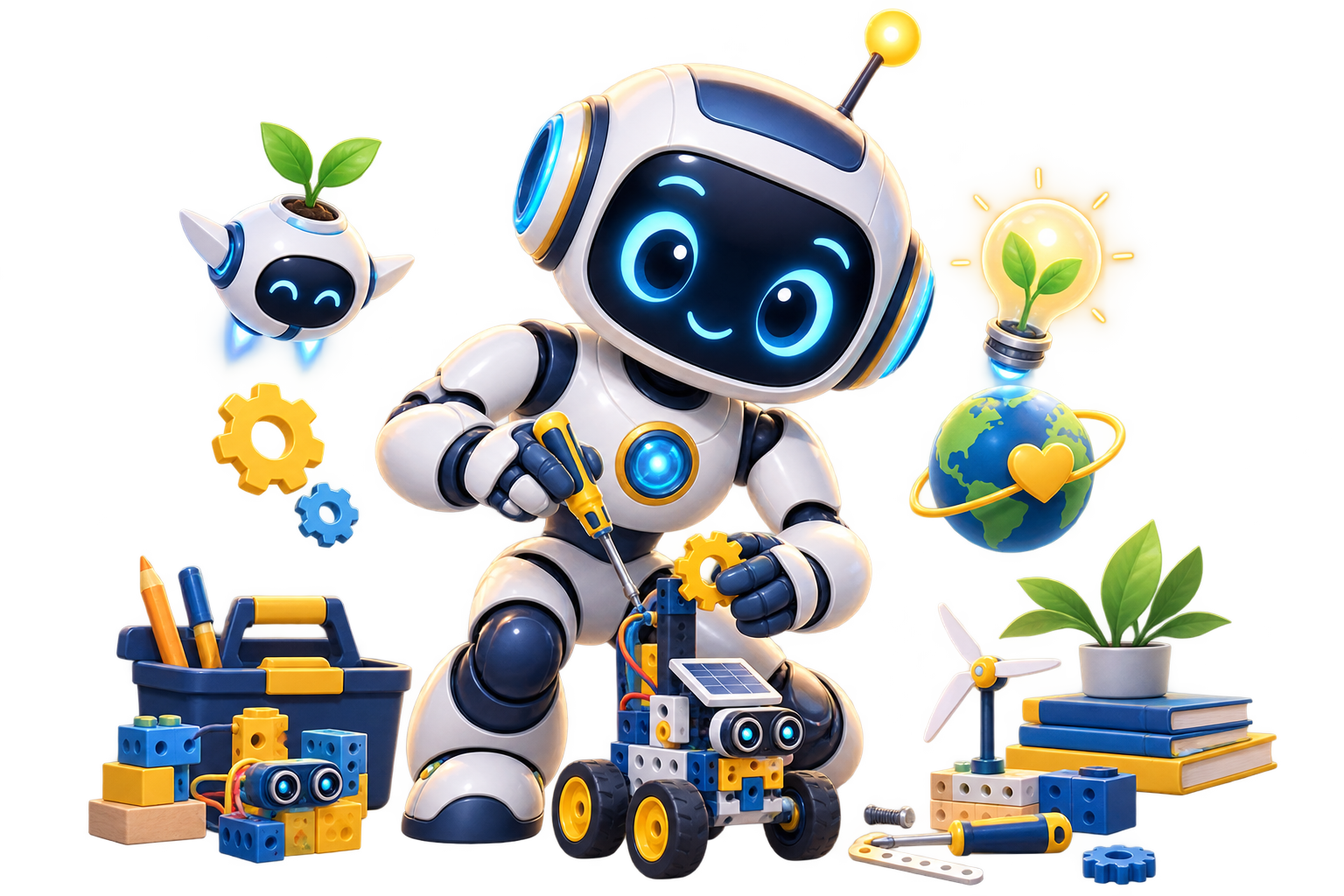 Robot AI thân thiện đang lắp ráp mô hình sáng tạo